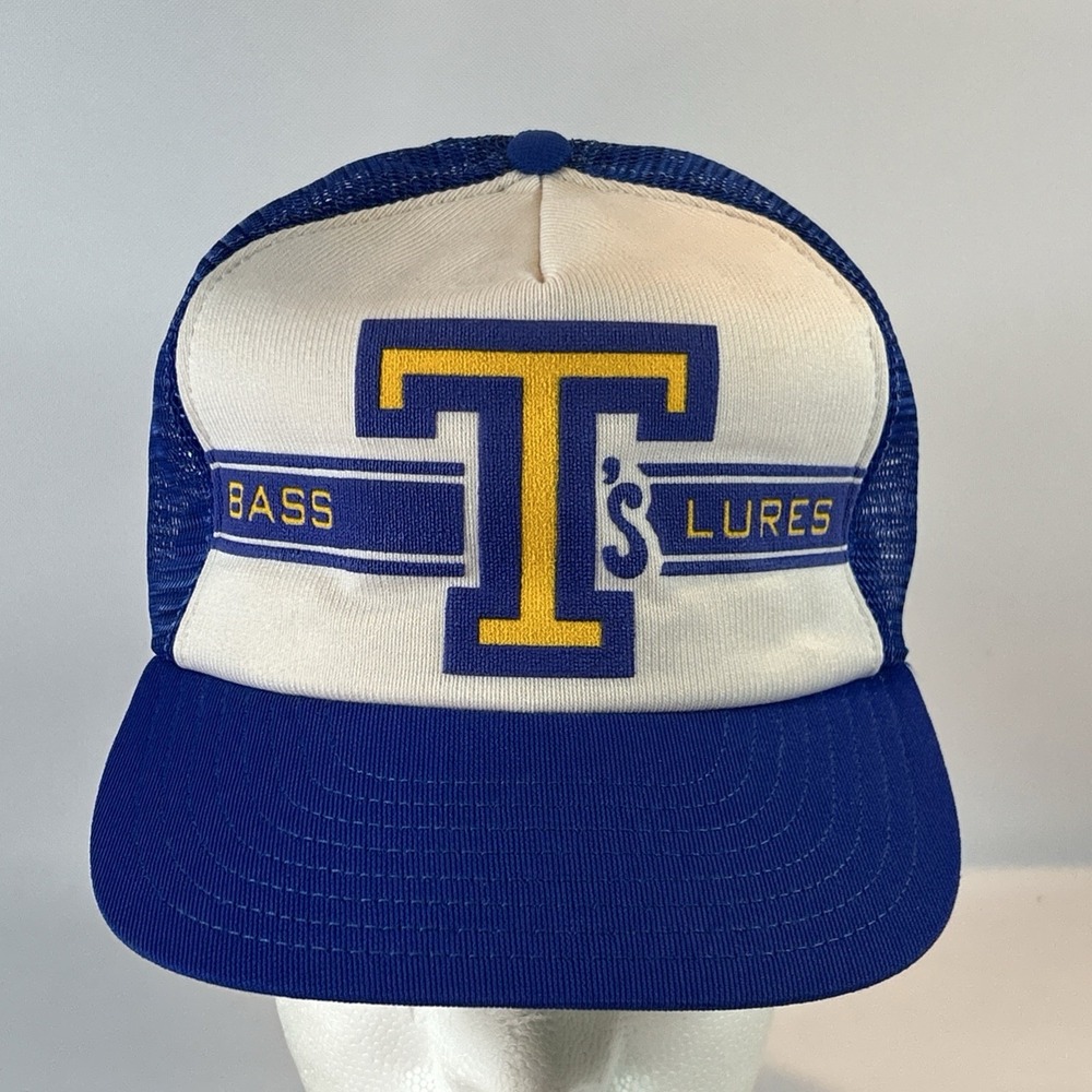 Vintage Bass T's Lures Hat Cap Trucker Snap Back Mesh Fishing Puff Paint USA